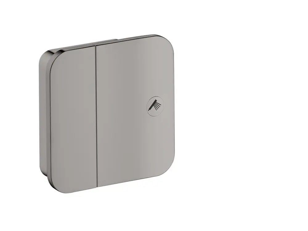 Geheimes Absperrventil in mattschwarz, installiert in Wand. Design von AXOR, minimalistische Form mit vereinfachter Bedienung.